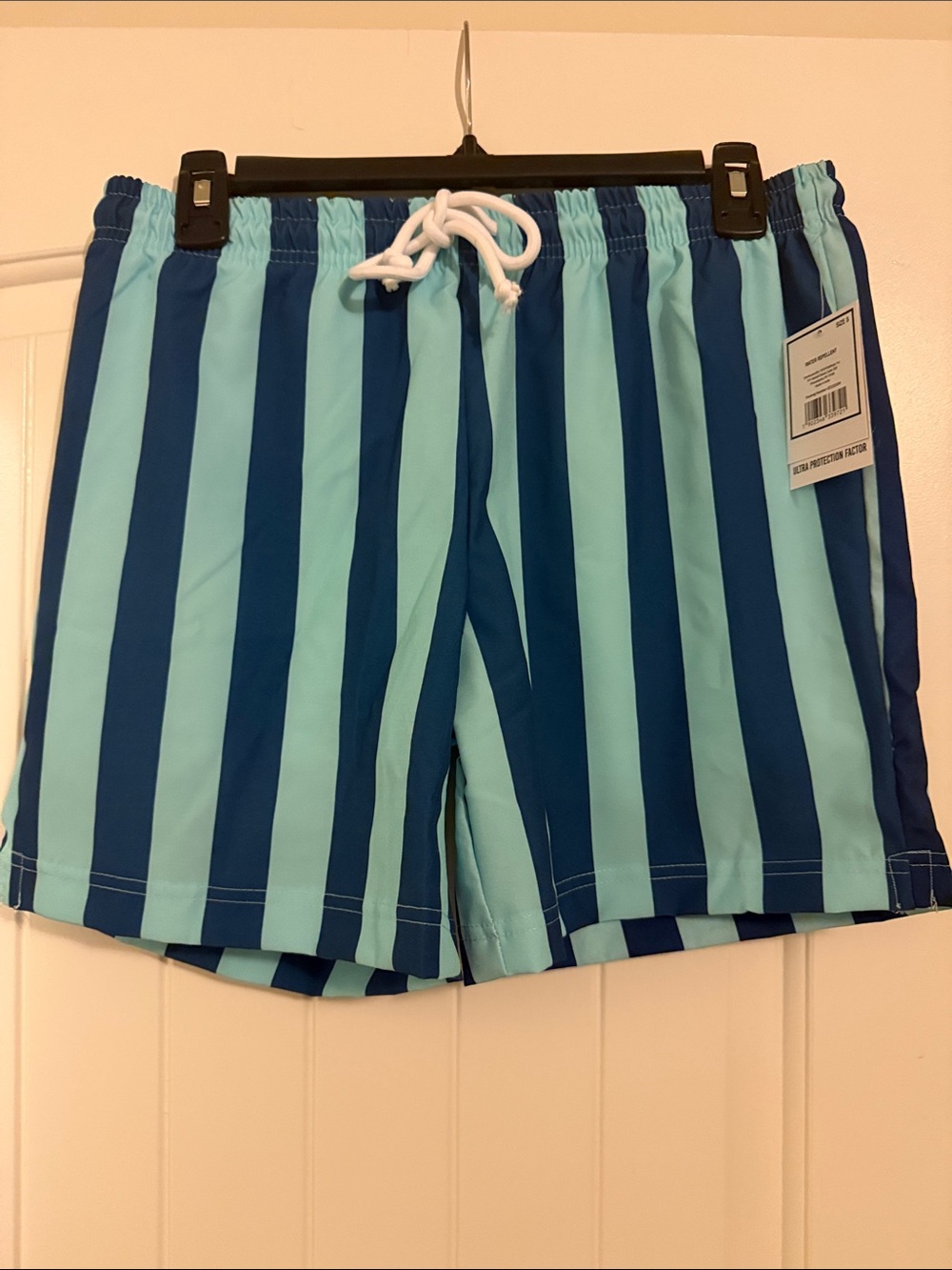 Striped Men's Swim Trunks in Teal and Navy